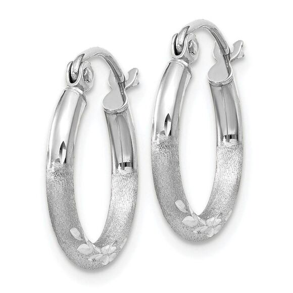 2mm x 15mm 14k White Gold Satin & Diamond-Cut Round Hoop Earrings